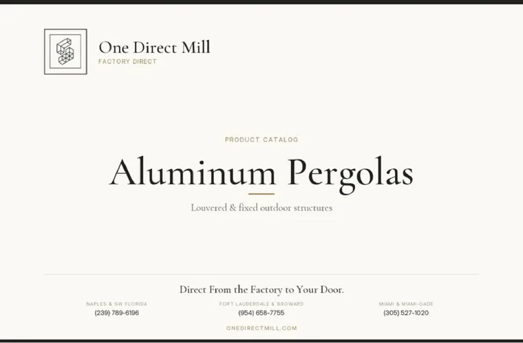 Aluminum Pergolas catalog cover — One Direct Mill