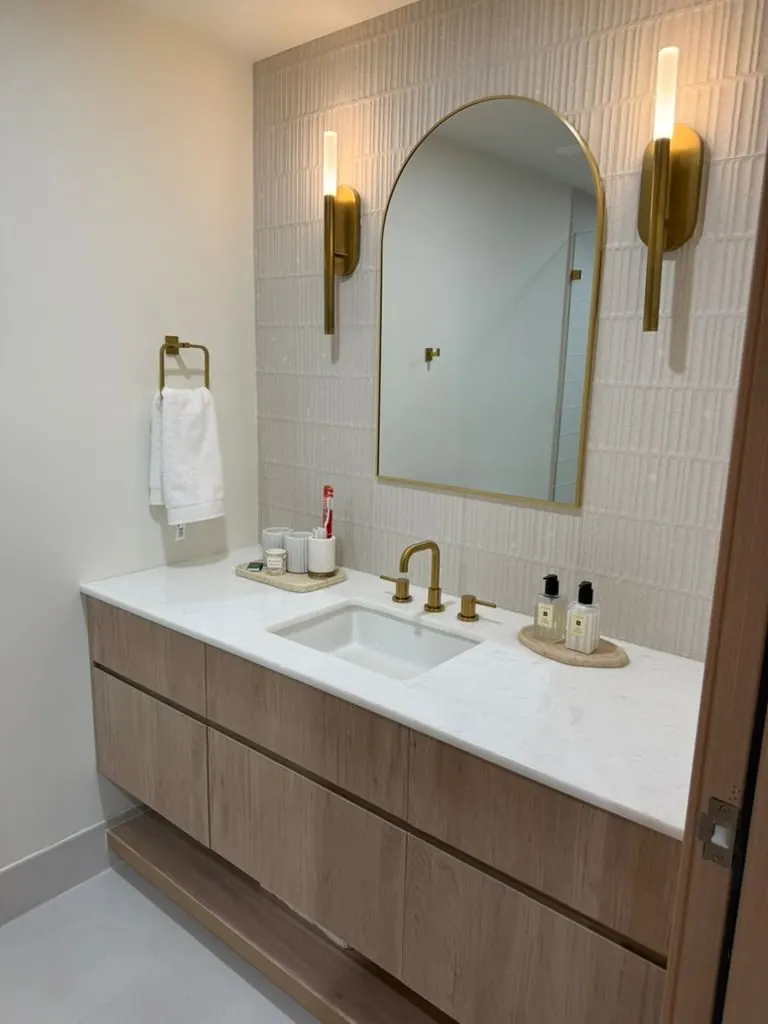 Double vanity, arch mirror — One Direct Mill project in South Florida